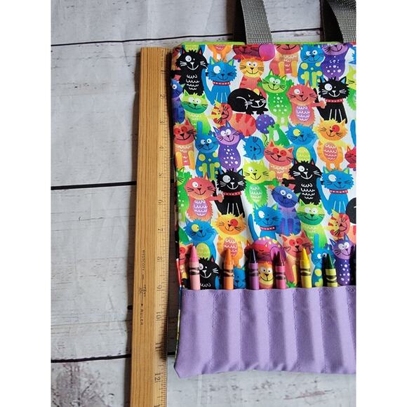 Handmade Colorful Cat Crayon Holder Tote Coloring Bag childrens travel bag - Picture 4 of 8